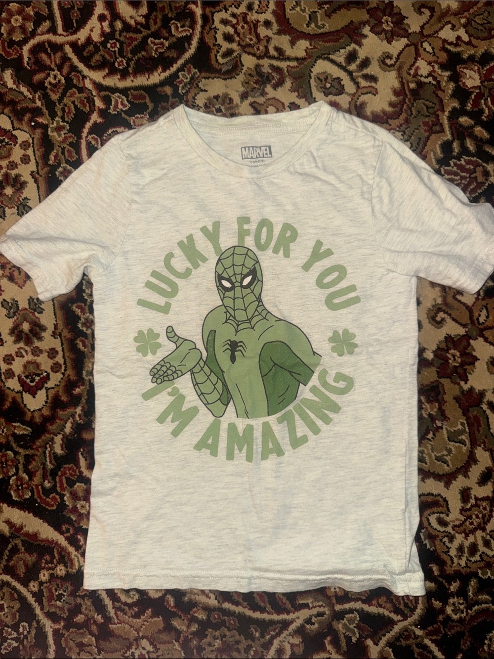 Marvel White Tee with Green Spider-Man 'Lucky For You I'm Amazing' Graphic